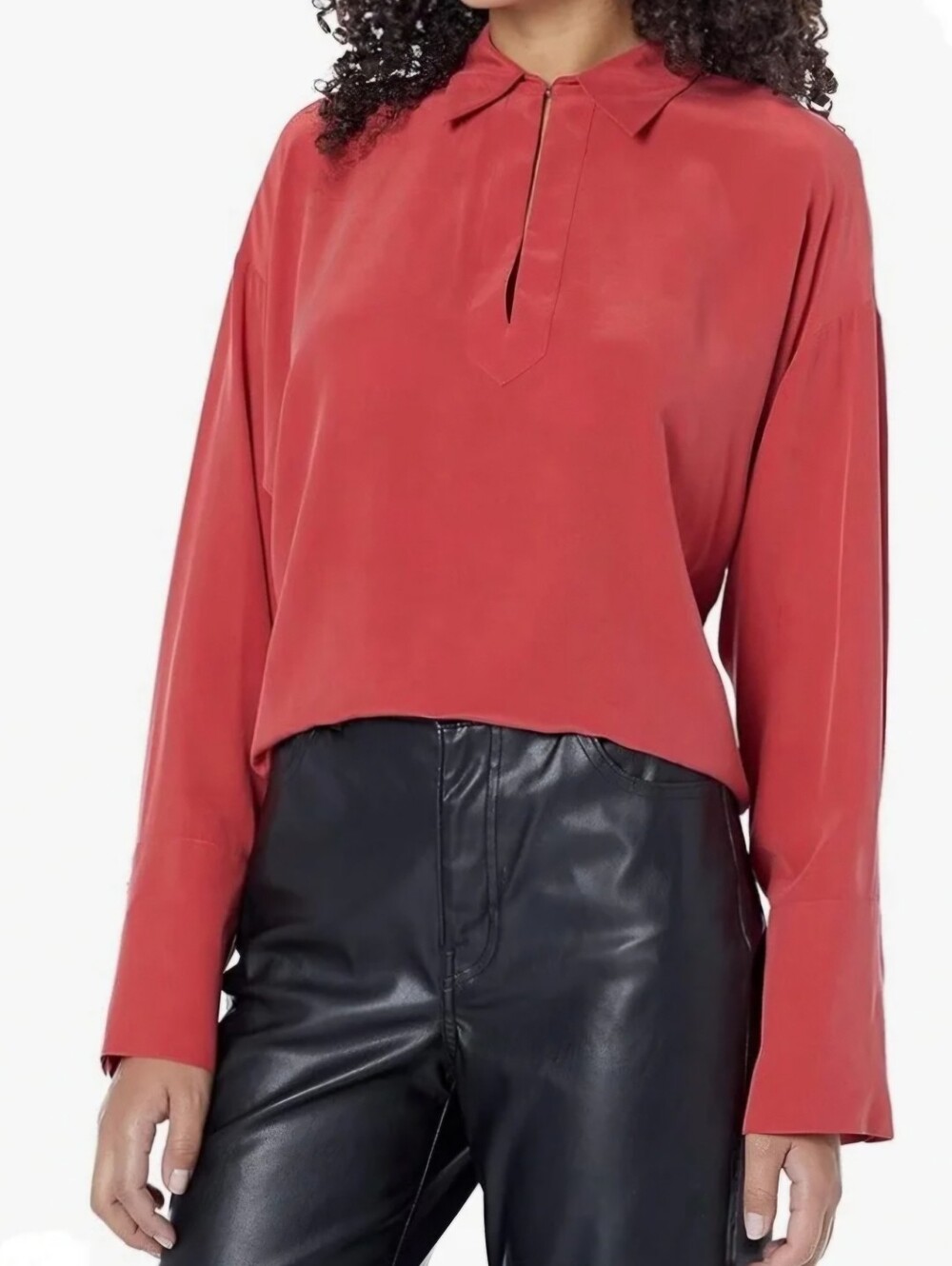 Rebecca Taylor 100% Silk Coral Red Collared Keyhole Long-Sleeve Blouse, Size S